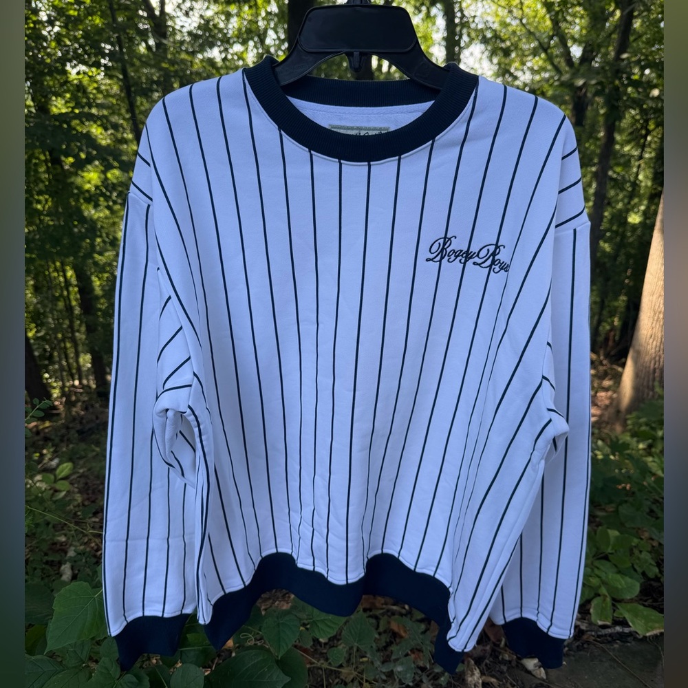 BOGEY BOYS MACKLEMORE L NWOT Crewneck Sweatshirt Blue Pinstripe Golf Streetwear